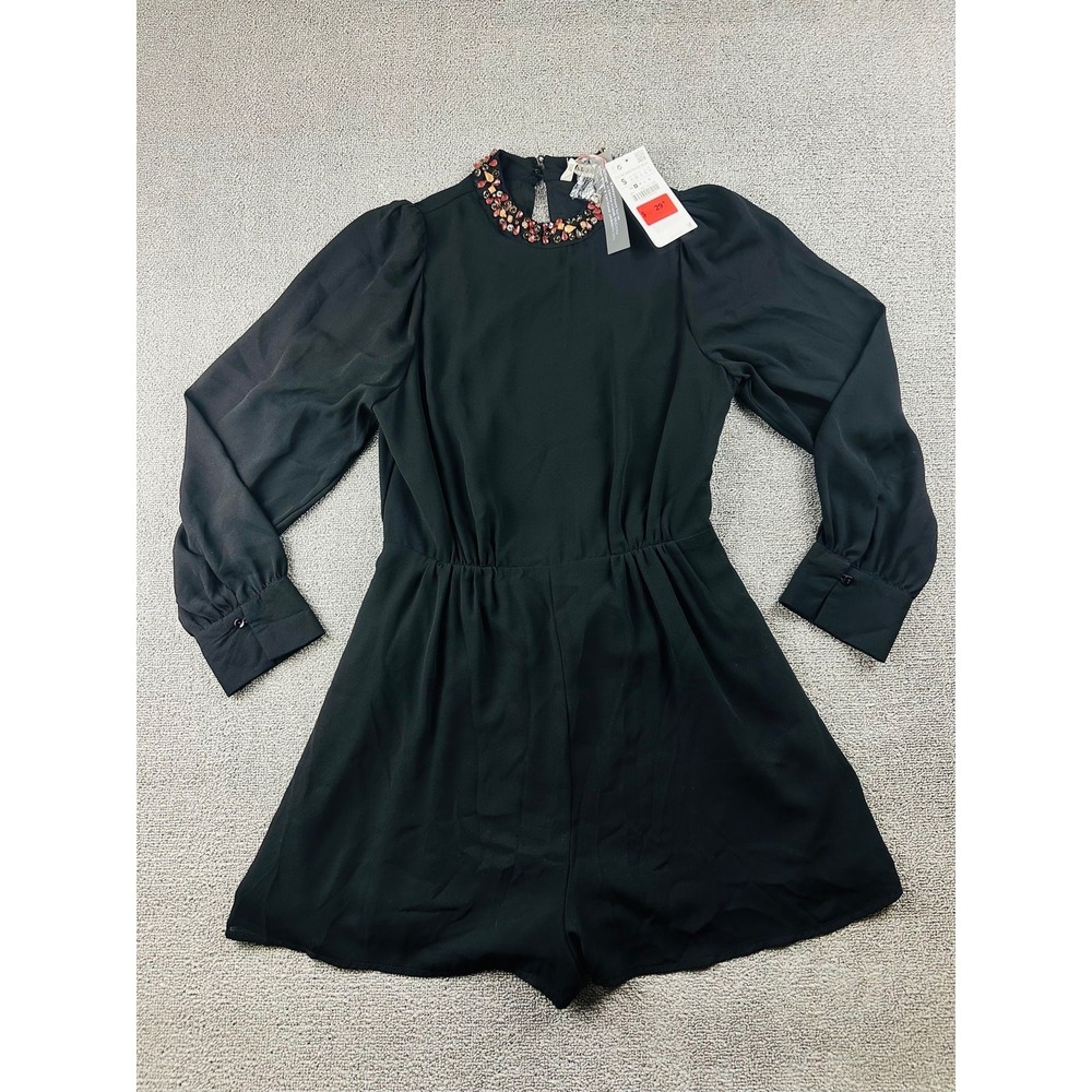 Zara Basic Romper Women S Black Beaded Mock Neck‎ Long Sleeve Party Cocktail